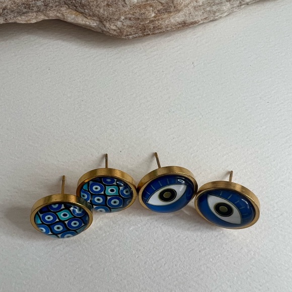 Gold Evil Eye Stud Earrings - Trendy Boho Chic Small Earrings - Stylish Studs - Picture 4 of 14